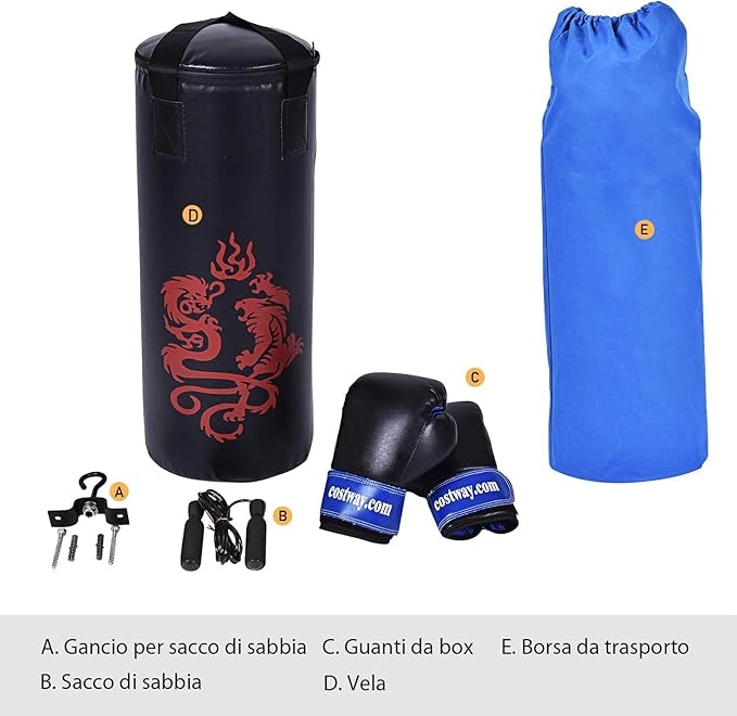 Set da Boxe con Sacco Pieno, Guanti, Catena e Corda per Saltare, Box Portatile per Bambini, Esercizio Fisico