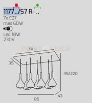 SOSPENSIONE OTTONE SAT. 7 LUCI RETTANGOLARE VETRI 3X TR + 4X FU 1177OS-S7 R-TF
