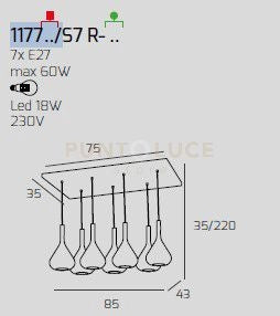 SOSPENSIONE OTTONE SAT. 7 LUCI RETTANGOLARE VETRI 3X TR + 4X FU 1177OS-S7 R-TF