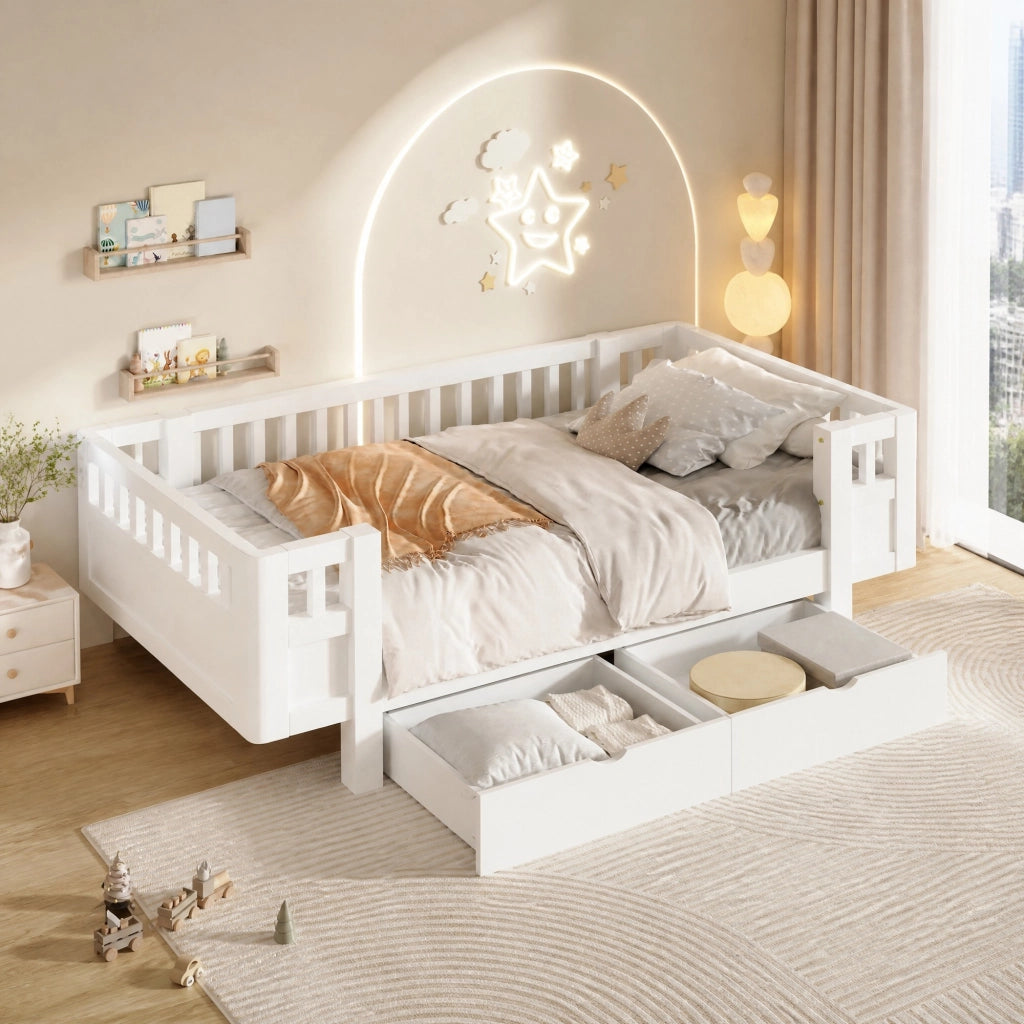 DESMIU Letto per bambini 90 × 200 cm con 2 cassetti e barriera di sicurezza, senza materasso, in legno massello, bianco