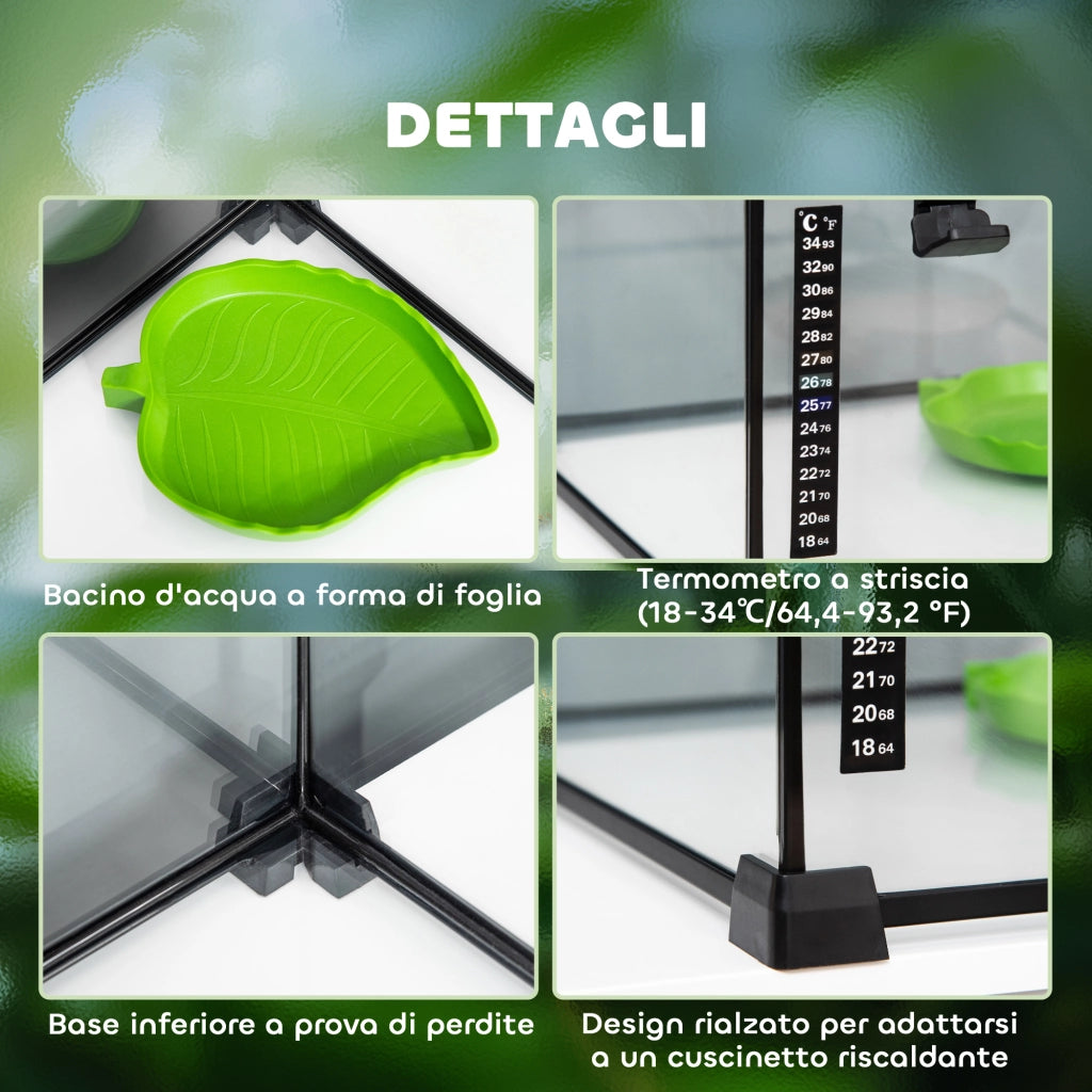 Terrario per Rettili Rialzato ¨C Xylo ¨C Vetro e Rete Metallica con Serratura e Termometro, 50x30x35 cm, Nero