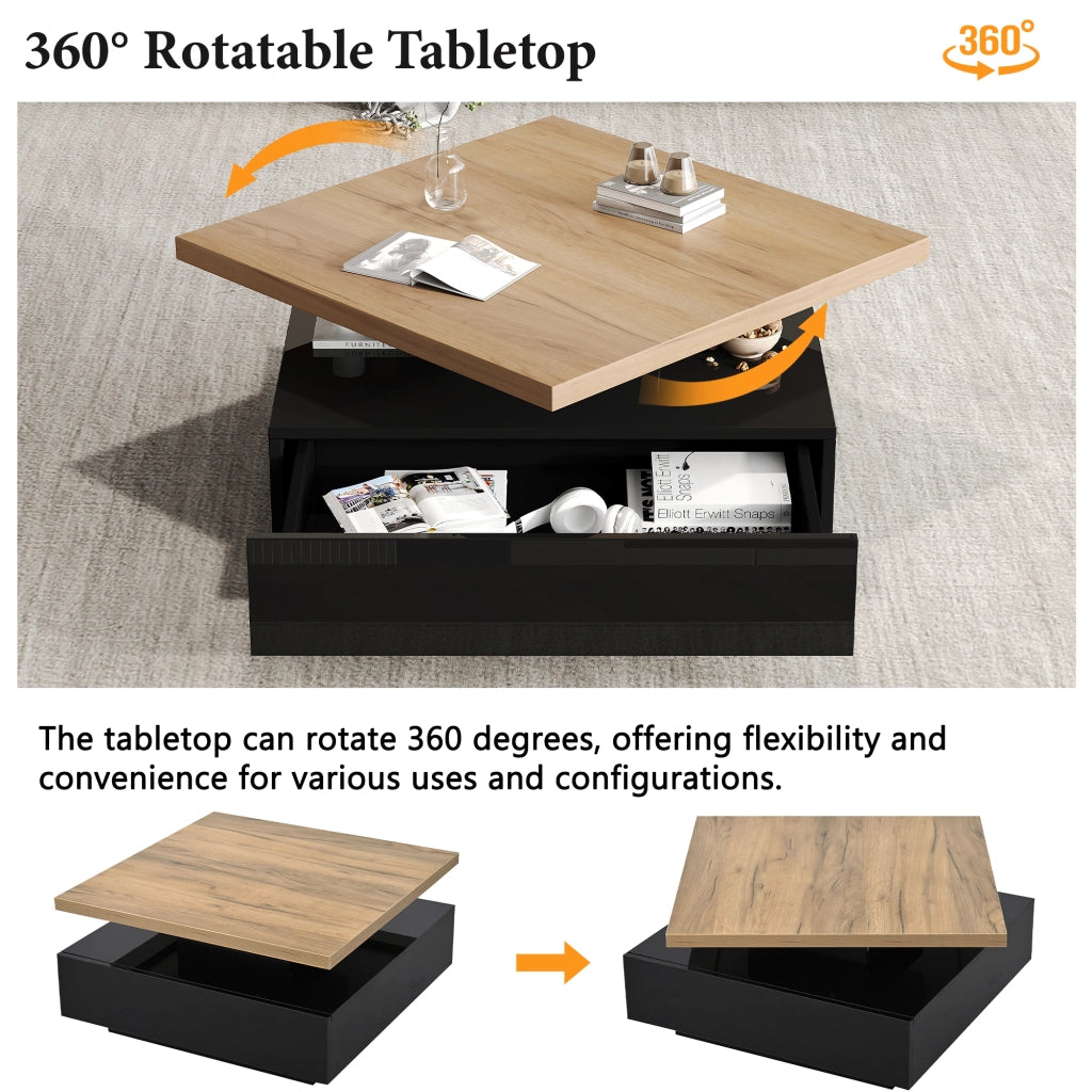 Tavolino da caffè con piano girevole e vano contenitore per soggiorno in truciolare noce 70x70x36 cm