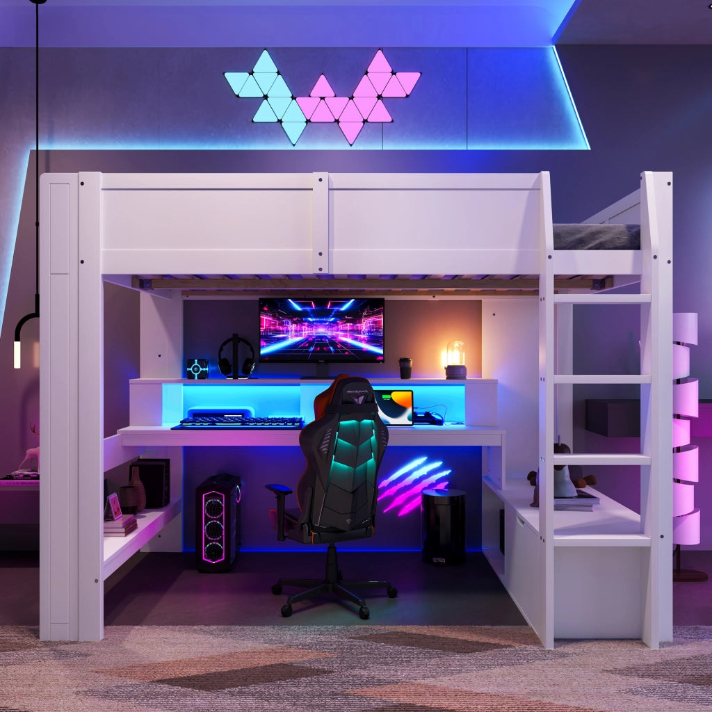 OKWISH Letto a soppalco 140×200 cm, Letto Matrimoniale con Scrivania, LED Regolabile, Cassetto e Mensole, senza Materasso, Bianco