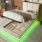 Letto imbottito moderno 90x200 cm in velluto beige con testiera regolabile; LED e USB
