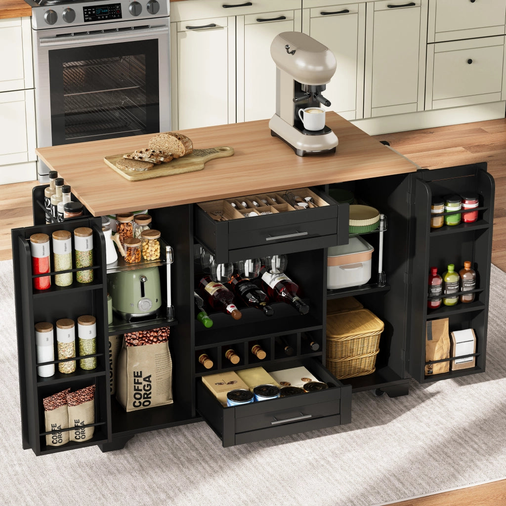 Carrello da Cucina Multifunzione con Piano Pieghevole, Portabottiglie, Portabicchieri ¨C Xylo ¨C Nero, 120x45x92 cm