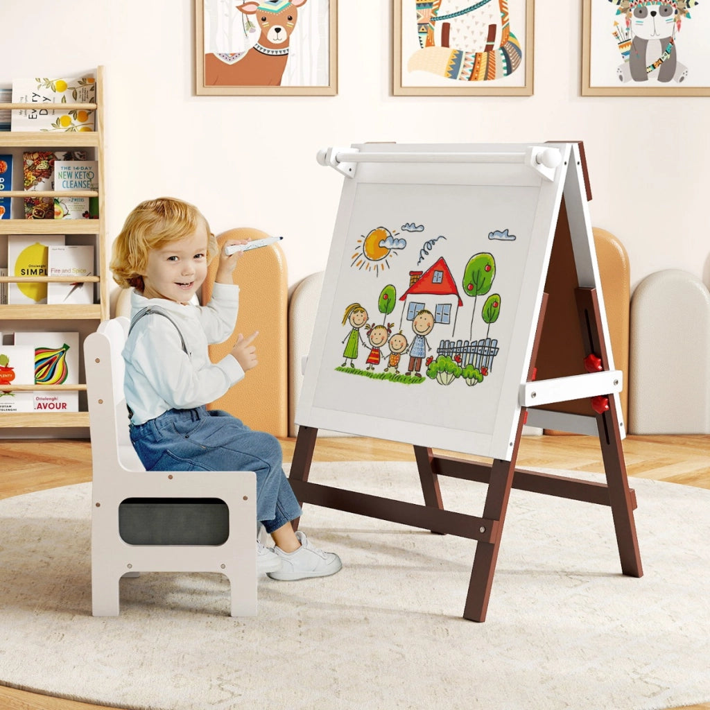Cavalletto artistico doppia faccia per bambini con sedia contenitore, Cavalletto da disegno regolabile in altezza Marrone-Cavalletti e lavagne bambini