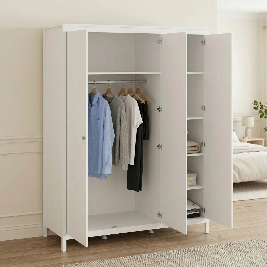 Guardaroba 3 ante Conti, Mobile camera da letto, Cabina armadio portabiti, Armadio appendiabiti, 150x58 h199 cm, Bianco