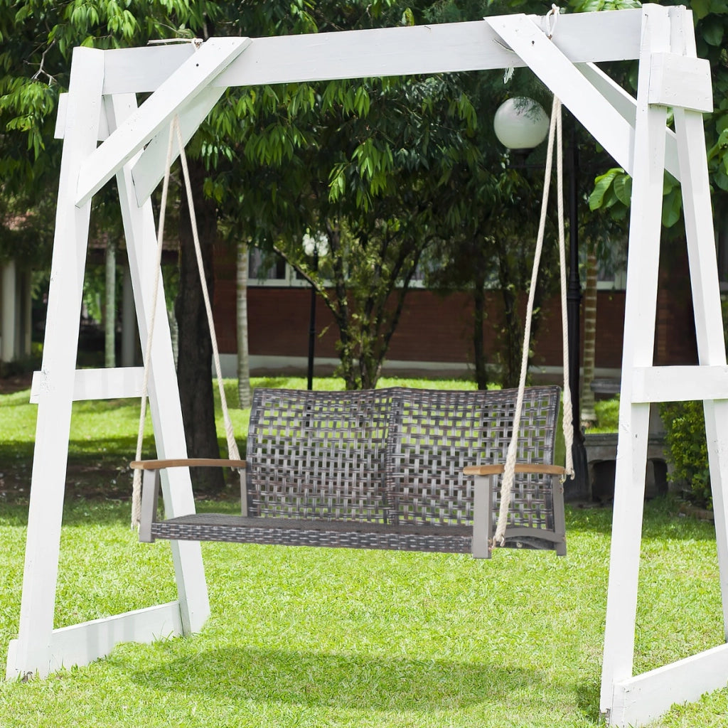 Altalena in rattan PE con 2 corde e schienale curvato, Panca altalena da esterno con 2 posti per portico