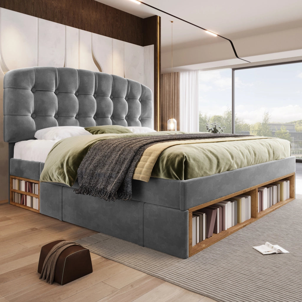 DESMIU Letto imbottito 140 × 190 cm 2 posti con testiera regolabile, vani e cassetti, senza materasso, in velluto grigio