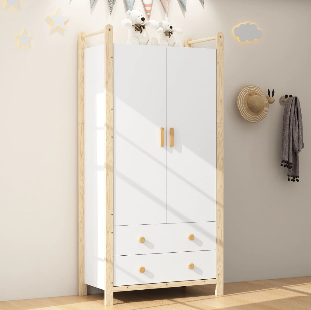 Armadio a 2 ante con barra appendiabiti e 2 cassetti in legno e MDF colore naturale e bianco