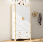 Armadio a 2 ante con barra appendiabiti e 2 cassetti in legno e MDF colore naturale e bianco