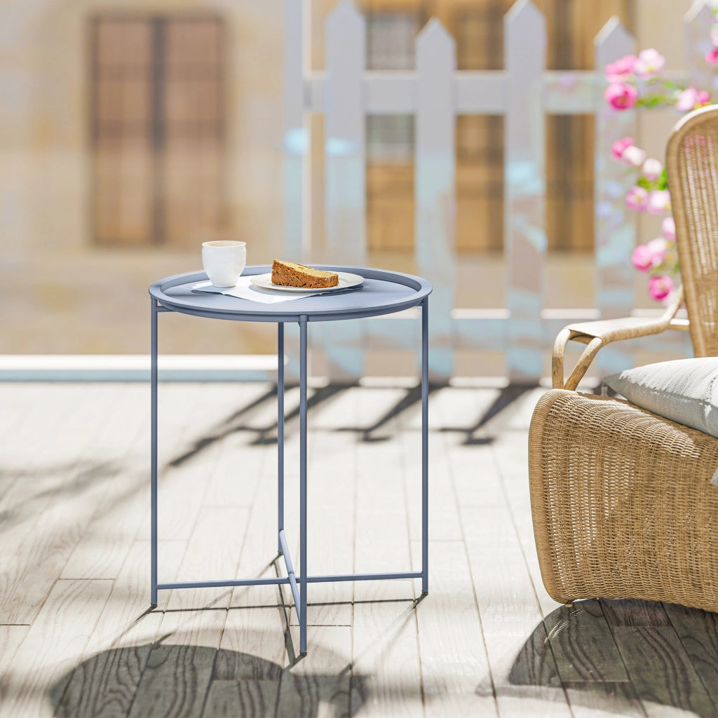 Tavolino da caff¨¨ rotondo con piano amovibile e bordo rialzato ¨C Minimal ¨C gambe pieghevoli in metallo, grigio blu, ?46xH53cm