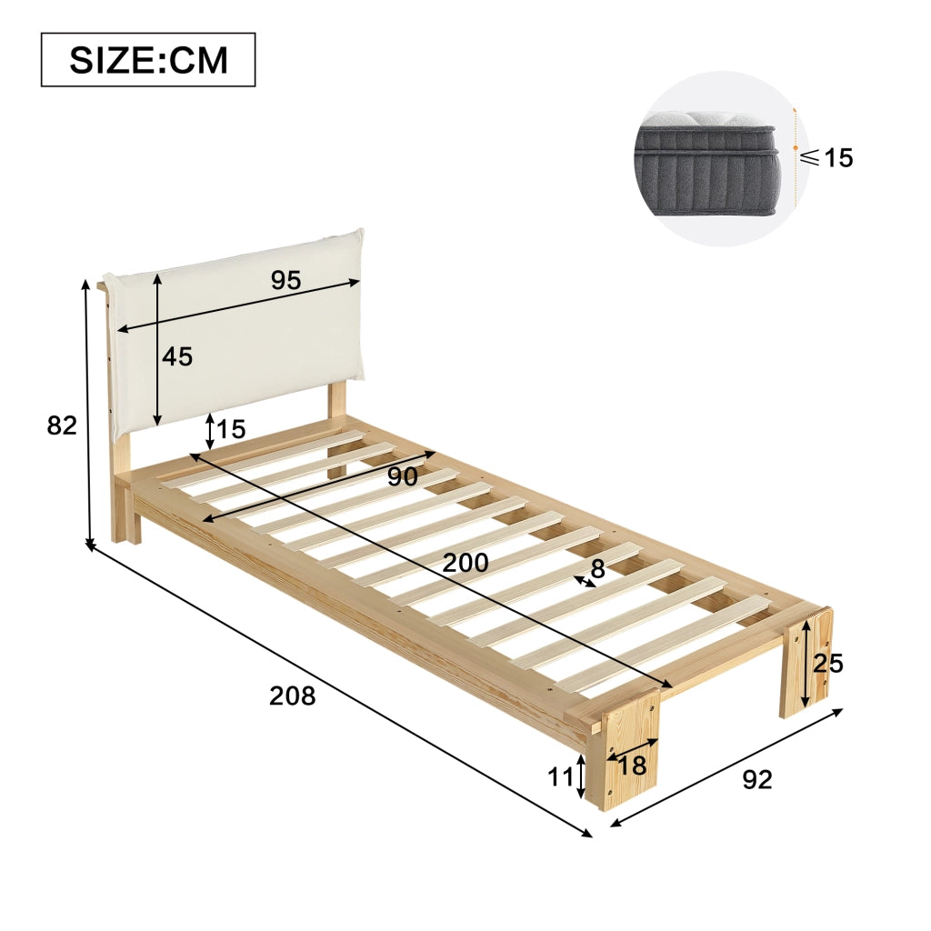 letto imbottito legno e tessuto naturale 90x200 cm