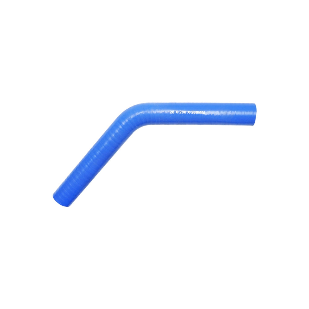 Tubo curvato in silicone a 45 gradi con inserto in tessuto, dimensioni 28x200x200 mm.