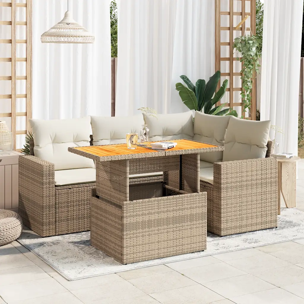 Set Divano da Giardino 5 pz con Cuscini Beige in Polyrattan 3327033