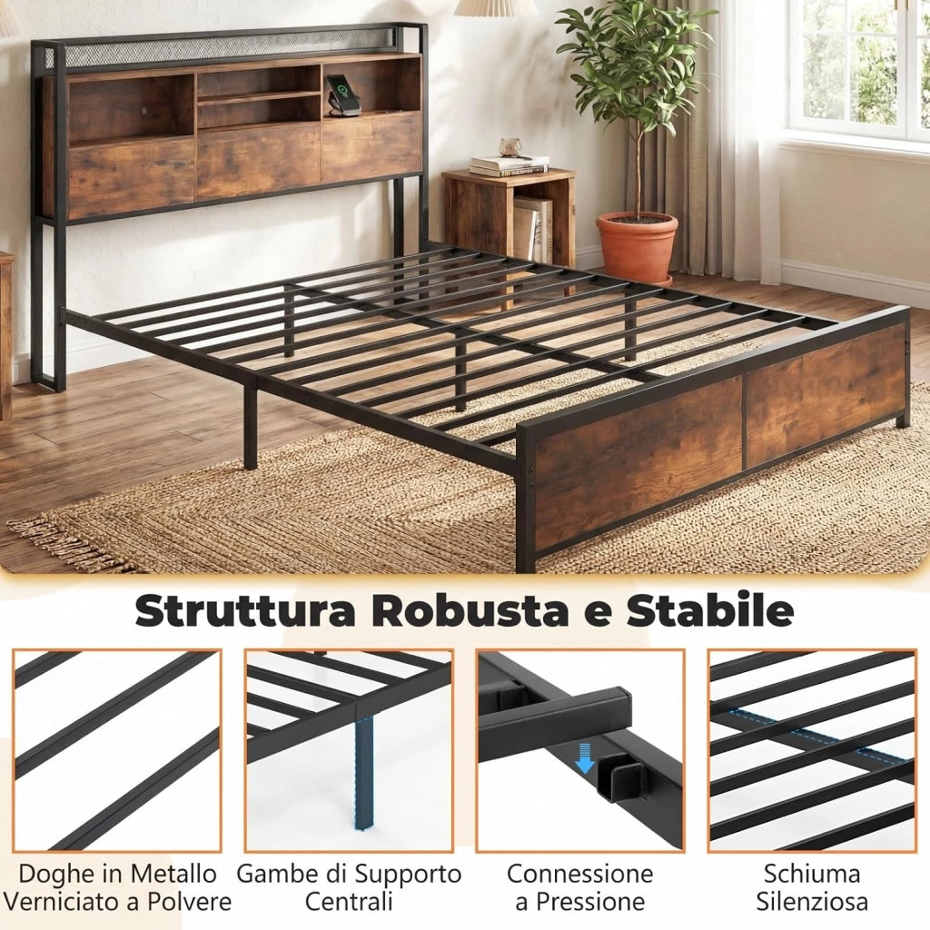 Struttura Letto con Testiera Contenitore, Letto a Piattaforma in Metallo con Stazione di Ricarica 3 Ripiani, Silenzioso, Carico Massimo 300kg (160 x 200 cm Stile 2)