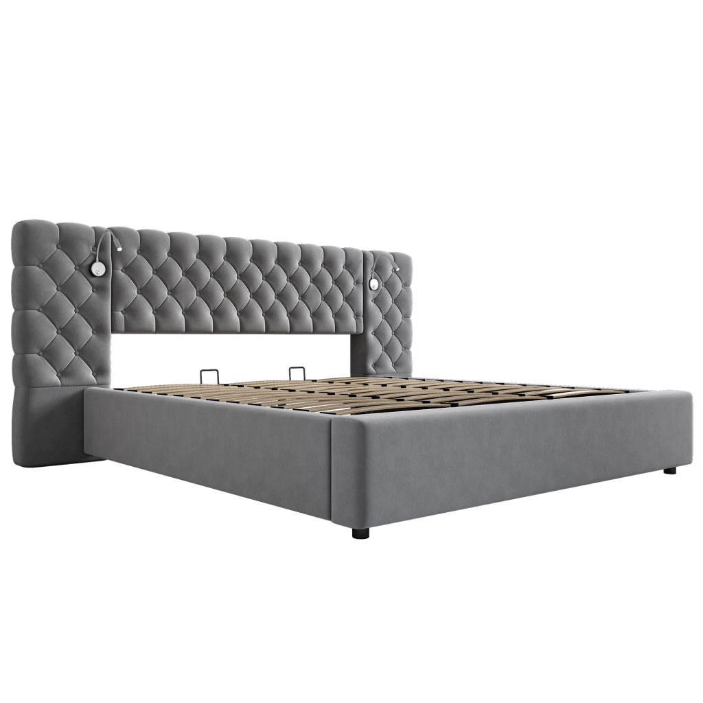DESMIU Letto con contenitore 180 × 200 cm 2 posti con luce da lettura, vano idraulico e senza materasso, in velluto grigio