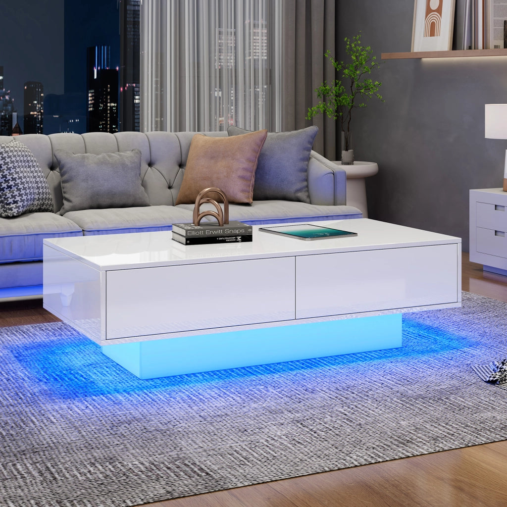 Tavolino da salotto moderno bianco lucido 115 x 55 x 34 cm con 2 cassetti, illuminazione LED e portata 30 kg