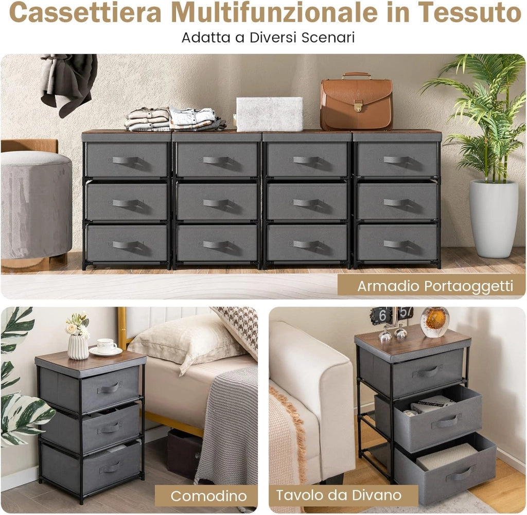Cassettiera in Tessuto, Mobile con 3 Cassetti e Struttura Robusta in Metallo, Armadio per Camera da Letto, Soggiorno, Ingresso, 40 x 30 x 62 cm (Grigio 2 Pezzi)