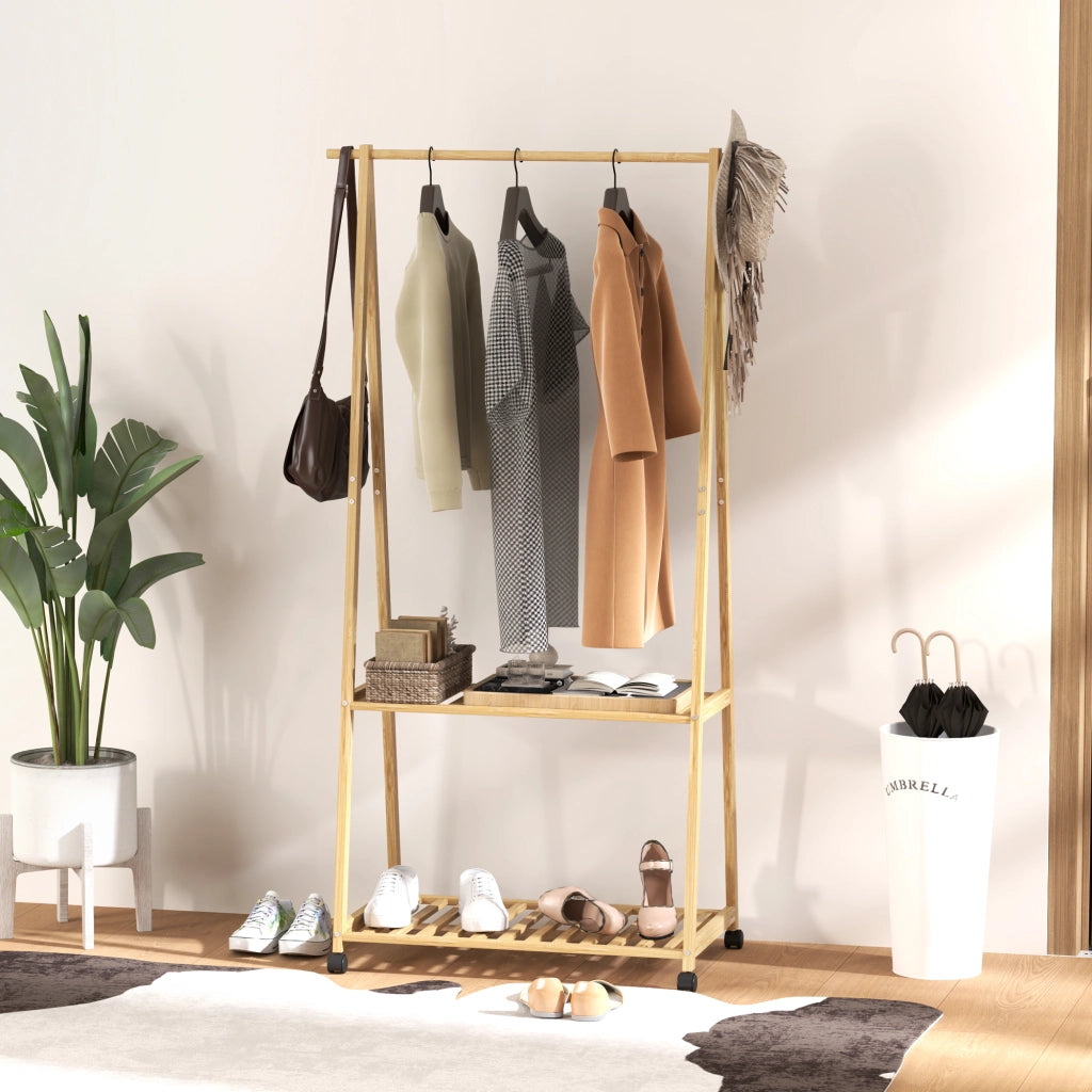 Appendiabiti con Ruote in Bamb¨´ ¨C Xylo ¨C 2 Ripiani, 2 Ganci, 84,5x43,5x158 cm, Naturale