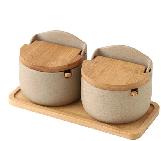 Contenitori di sale, cassetta di spezie, contenitore di sale, 2x contenitore di sale ceramico con coperchio di legno a paletta, scatola di spezie, cassetta di spezie per la cucina, 8.98x4.25x3.74 pollici per il bancone della cucina