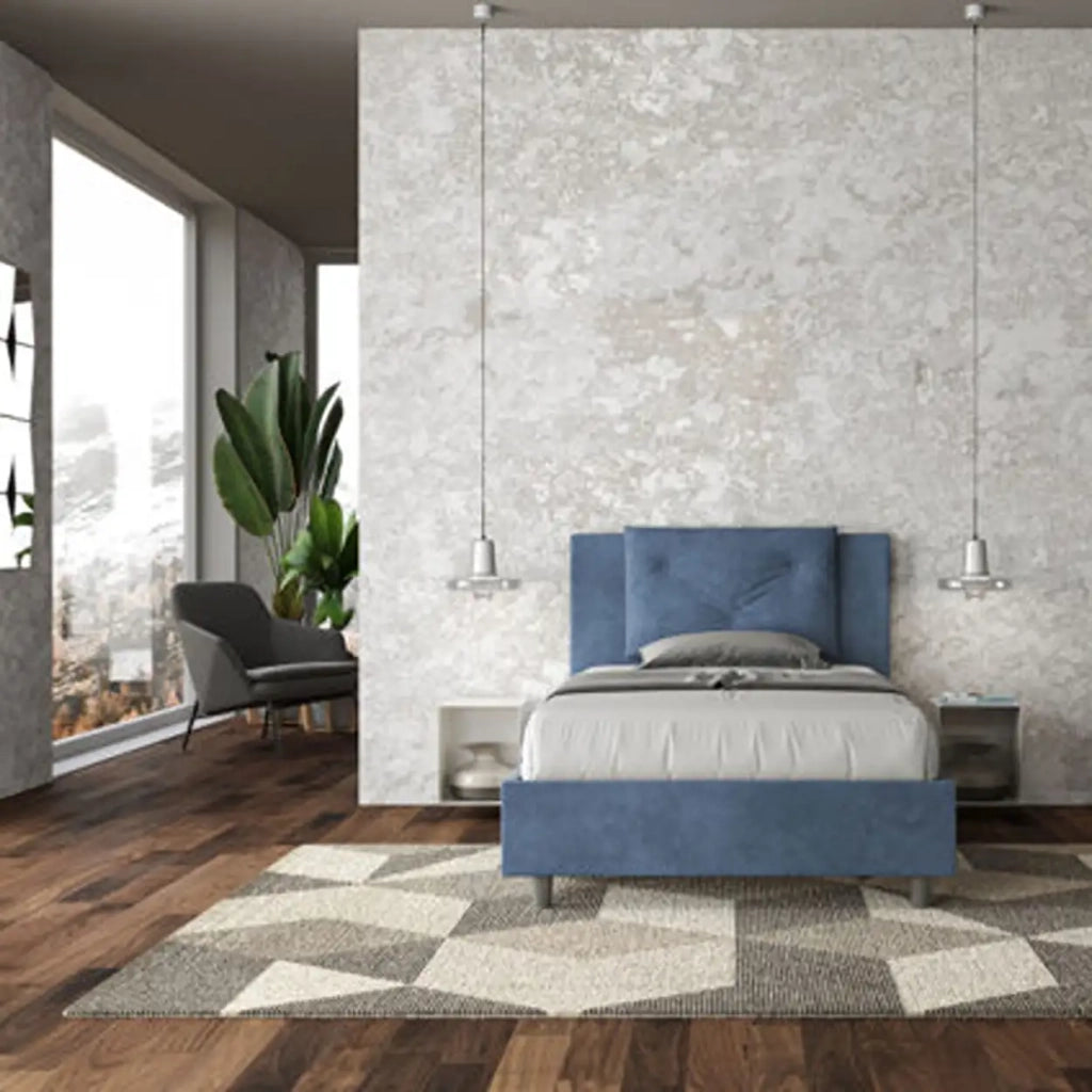 Letto una piazza e mezza contenitore imbottito 120x200 microfibra blu Appia