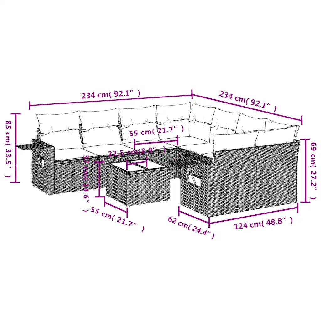 Set Divani da Giardino 9 pz con Cuscini Nero in Polyrattan