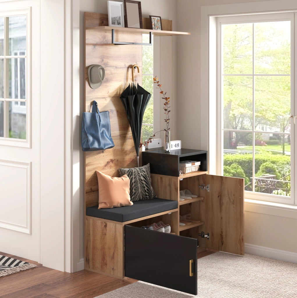 Set da ingresso 105x40x191.5 cm con specchio e panca portascarpe in MDF e truciolato nero e naturale