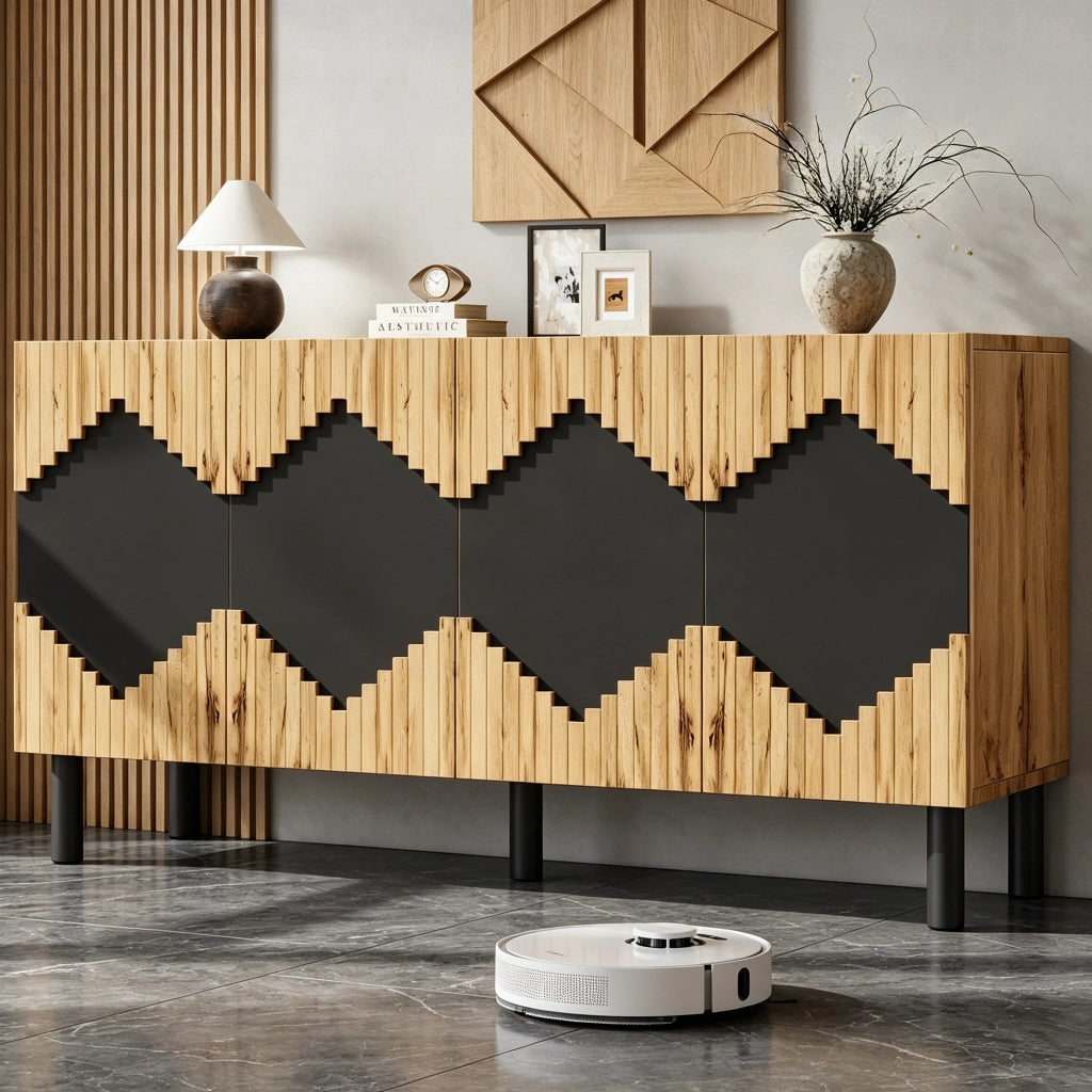 Credenza con 4 vani chiusi e apertura push; per soggiorno o sala da pranzo; naturale e nero; 140 × 40 × 70 cm