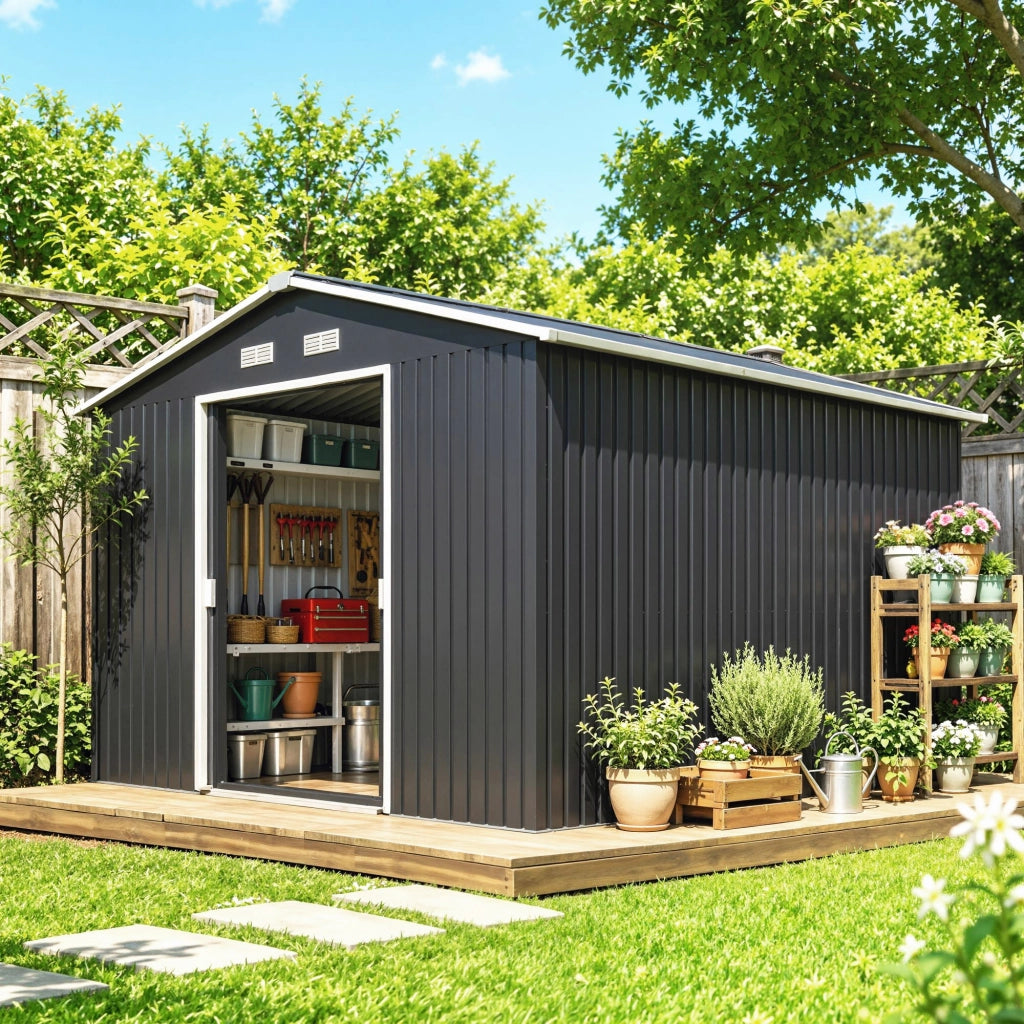 Casetta da Giardino ¨C Xylo ¨C Acciaio Grigio 322x277x192 cm con 2 Porte Scorrevoli