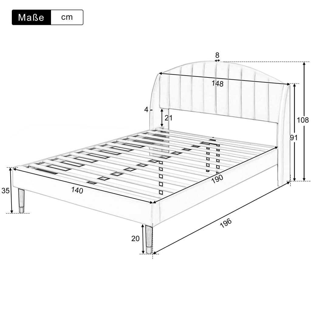 DESMIU Letto Matrimoniale Imbottito 2 Posti con Testiera Imbottita, Struttura Stabile, 140 × 190 cm, Senza Materasso, Beige