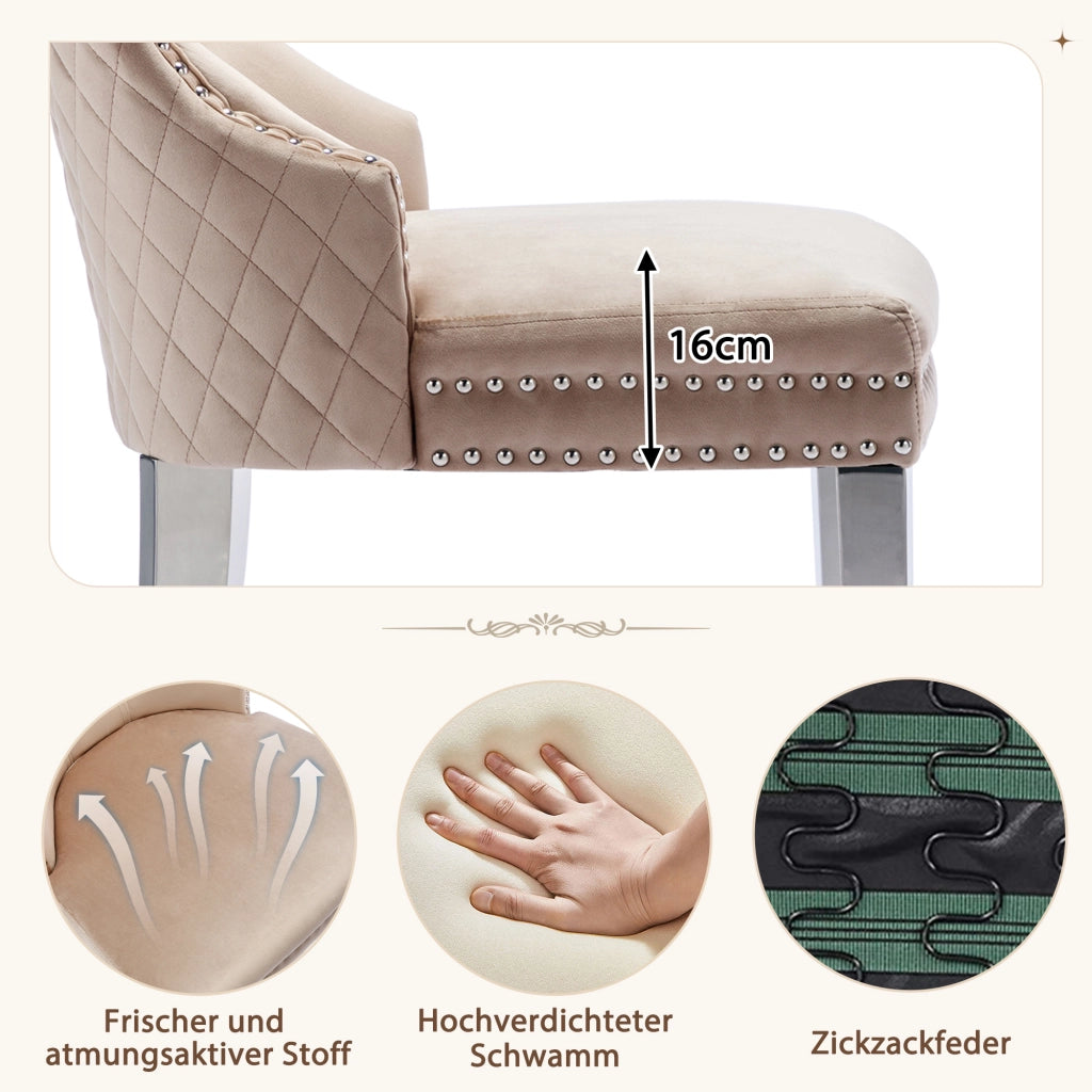 Sedia da pranzo in velluto con schienale decorativo, struttura in legno massello e gambe in metallo beige
