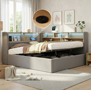 Letto imbottito 140x200 cm con contenitore idraulico; LED; USB e Type-C in velluto grigio
