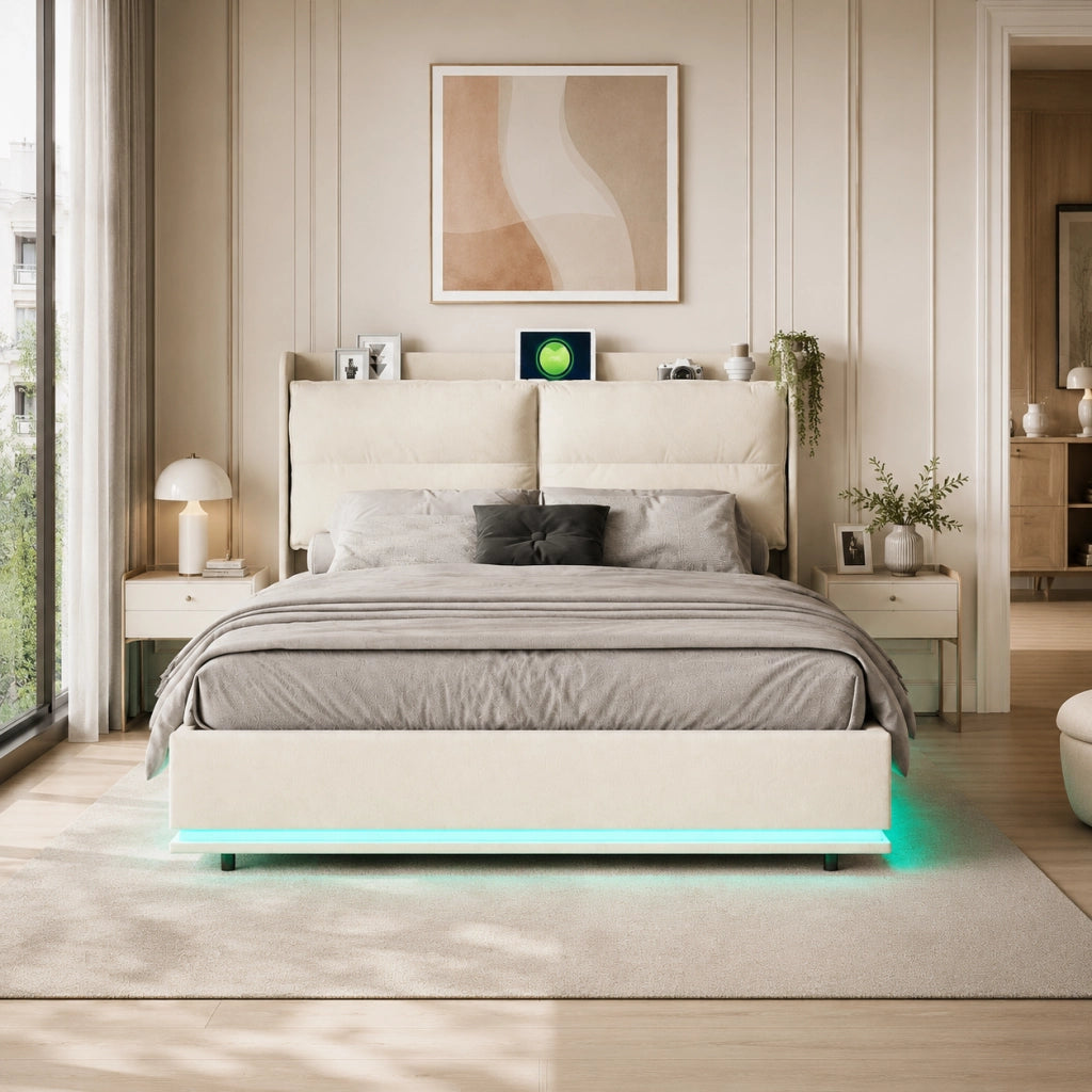 Letto contenitore 160x200 cm velluto beige, testiera imbottita, ricarica wireless, USB‑C e USB, luci RGB‑LED con telecomando, meccanismo idraulico