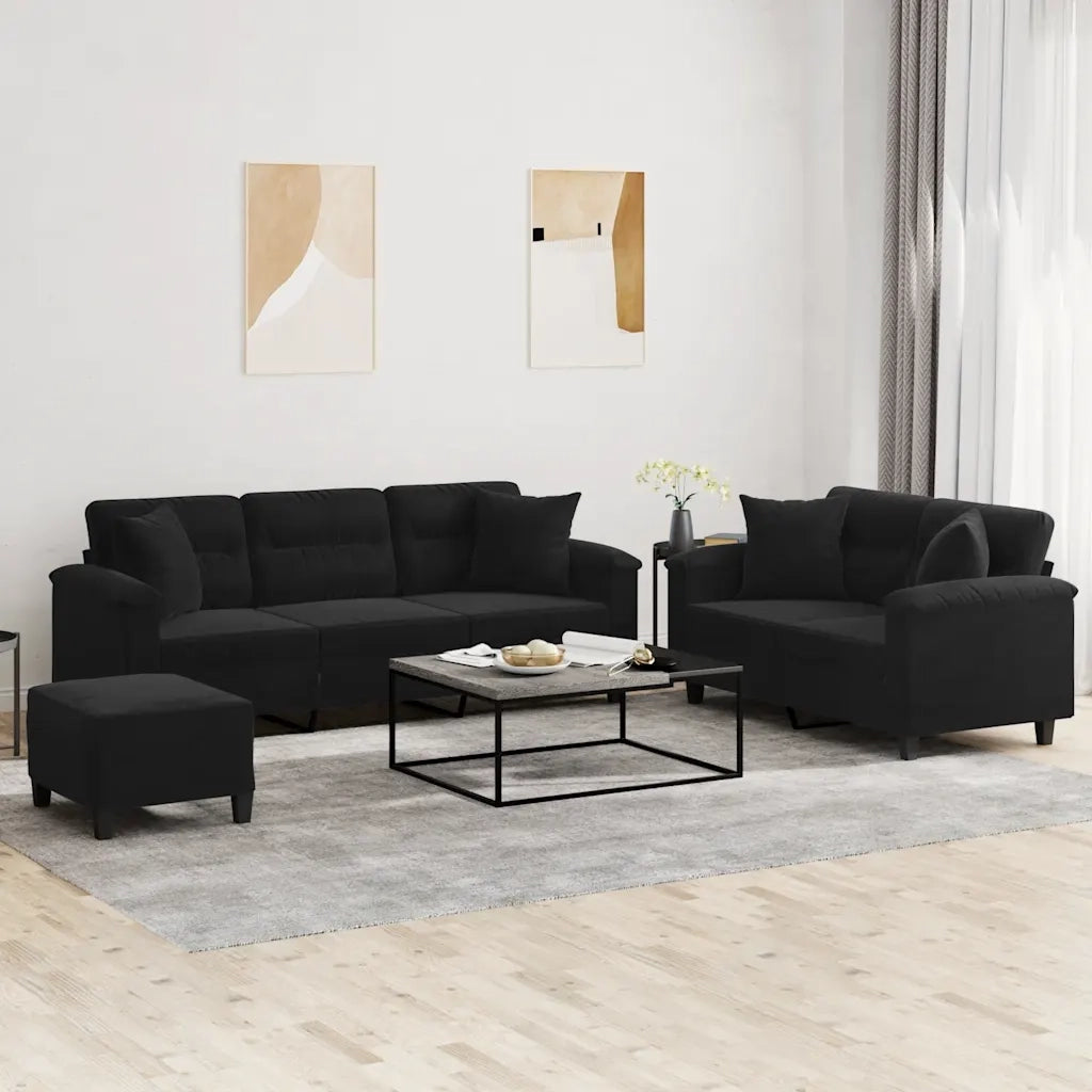 Set Divani 3 pz con Cuscini Nero in Tessuto Microfibra