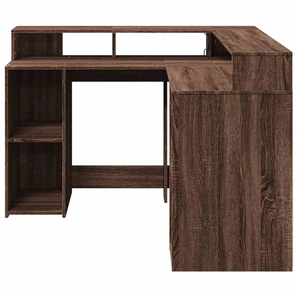 Scrivania tavolo postazione di lavoro mobile per computer studio e luci a LED legno ingegnerizzato di rovere marrone 02_0023793