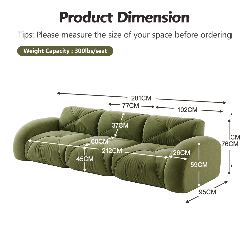 Divano Modulare 3 Posti in Tessuto Chenille ¨C MINIMAL ¨C Verde, Senza Montaggio