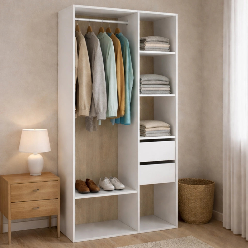 Guardaroba grande Maon, Mobile camera da letto, Cabina armadio portabiti, Armadio appendiabiti, 98x45 h205 cm, Bianco e Rovere