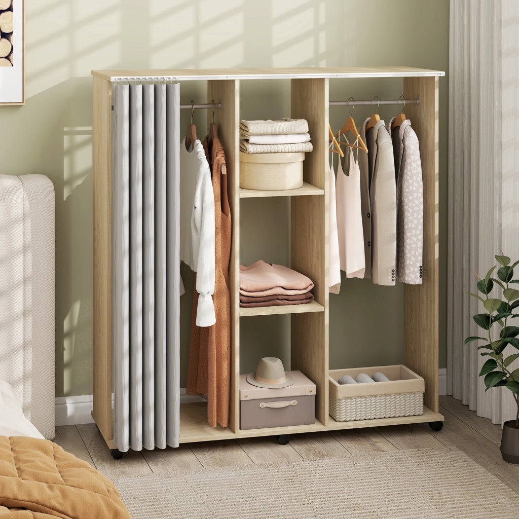 Armadio guardaroba mobile con ante e cassetti ¨C Xylo ¨C legno naturale 120x40x128cm con 6 ruote