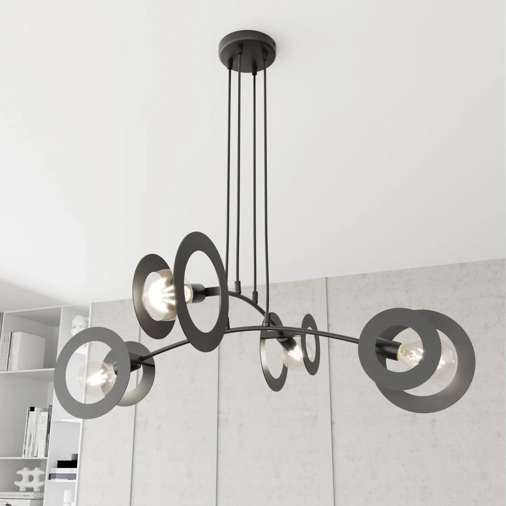 Lampadario 4 Luci Crono In Acciaio Nero A Bracci E Diffusori A Doppio Cerchio