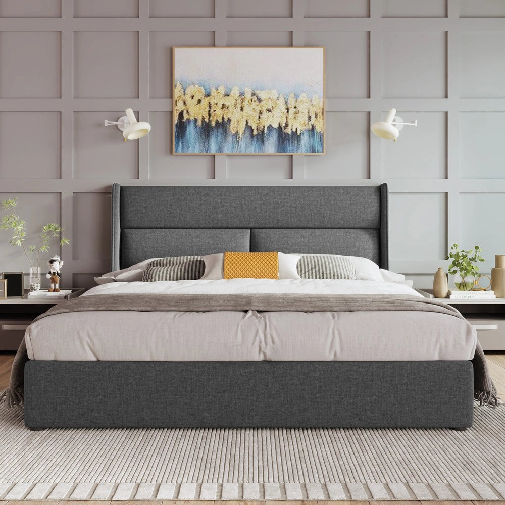 Letto Contenitore Imbottito 140x200 ¨C MINIMAL ¨C Grigio, Tessuto Lino, Metallo, Idraulico, Testiera Regolabile