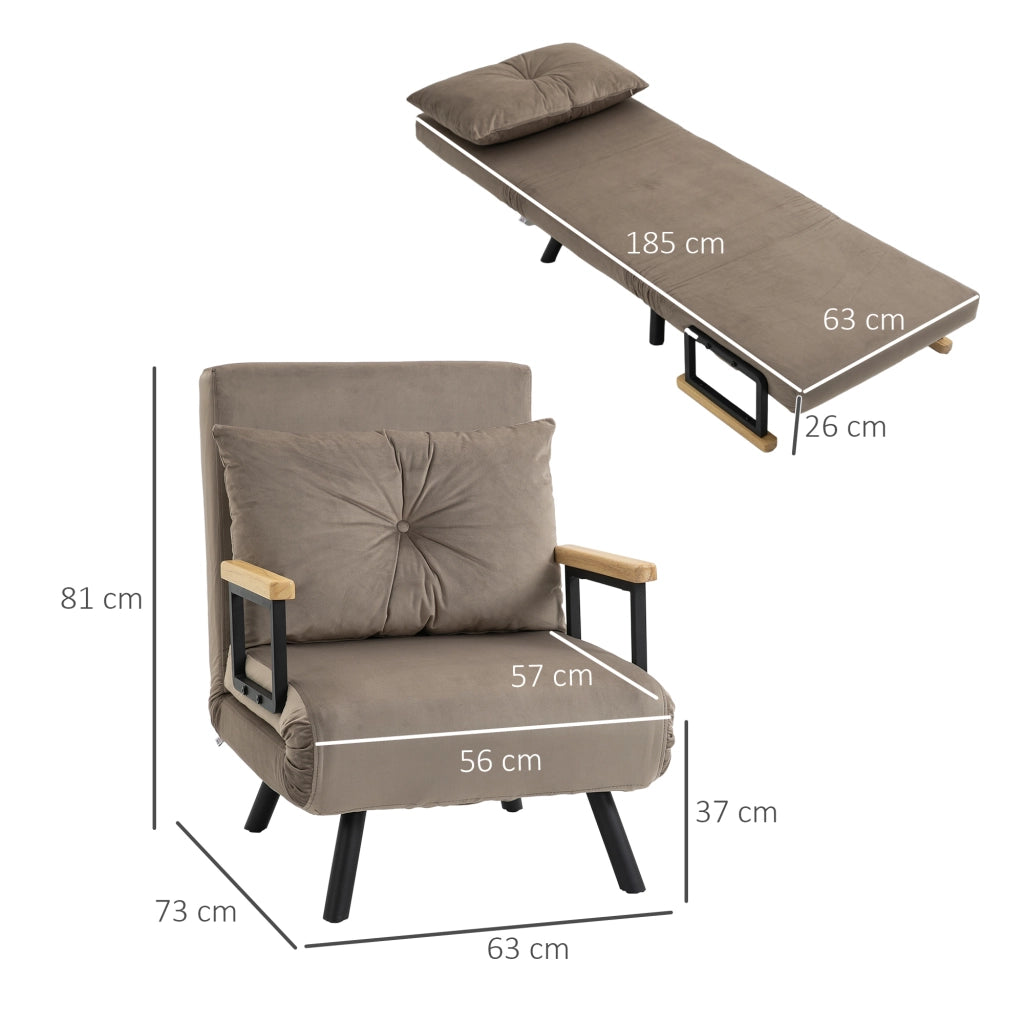 Poltrona Letto Imbottita 3 in 1 con Schienale Reclinabile in 5 Posizioni e Cuscino, 63x73x81 cm, Grigio