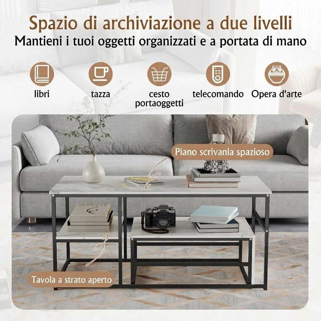 Tavolini da salotto set 2 pezzi 105x52x48,5 cm tavolino pieghevole sovrapponibile con contenitore effetto marmo metallo - nero