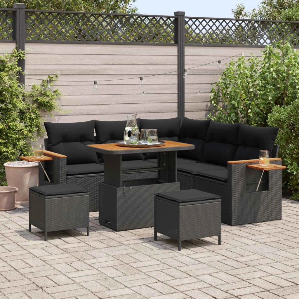Set Divano da Giardino con cuscino 9 pcs Nero polyrattan