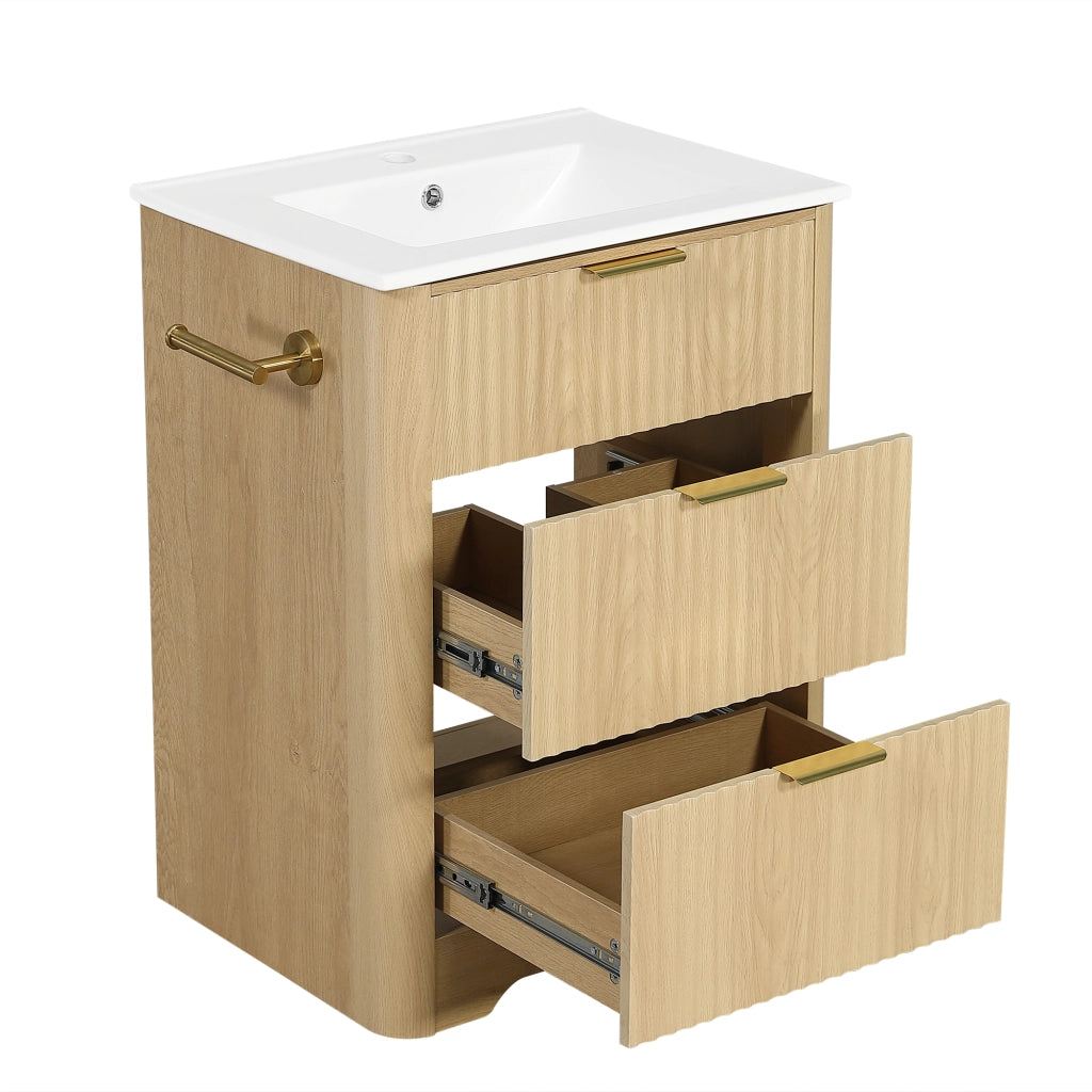 Mobile bagno con 2 cassetti; lavabo in ceramica e portarotolo reversibile per bagno; in MDF; legno naturale; 61×47×82 cm