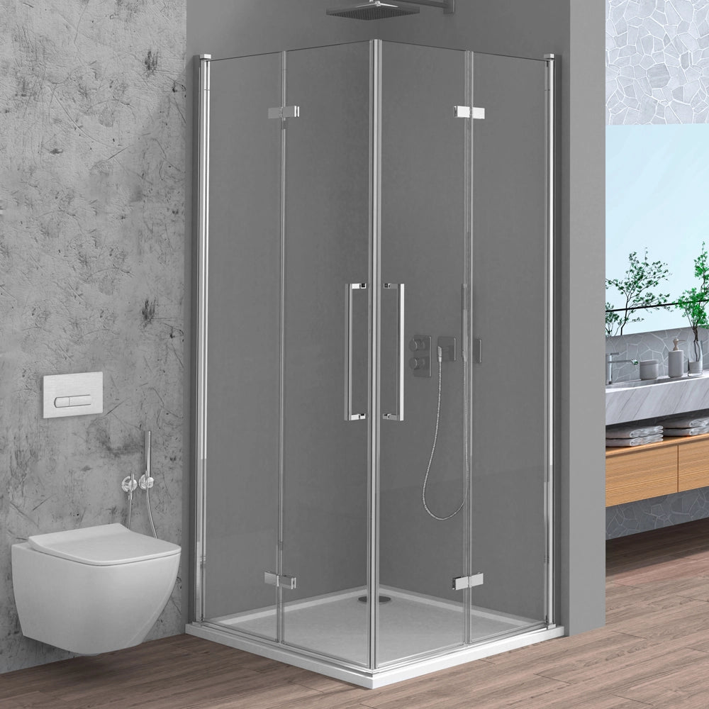 Box doccia angolare 80x90 in vetro temperato trasparente doppio soffietto con profili cromo Neos