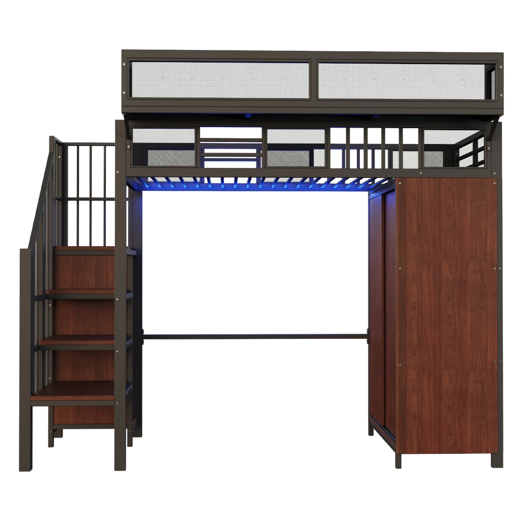 Letto a soppalco 90 × 200 cm 1 posto con armadio; scala contenitore e LED regolabile; senza materasso; metallo nero