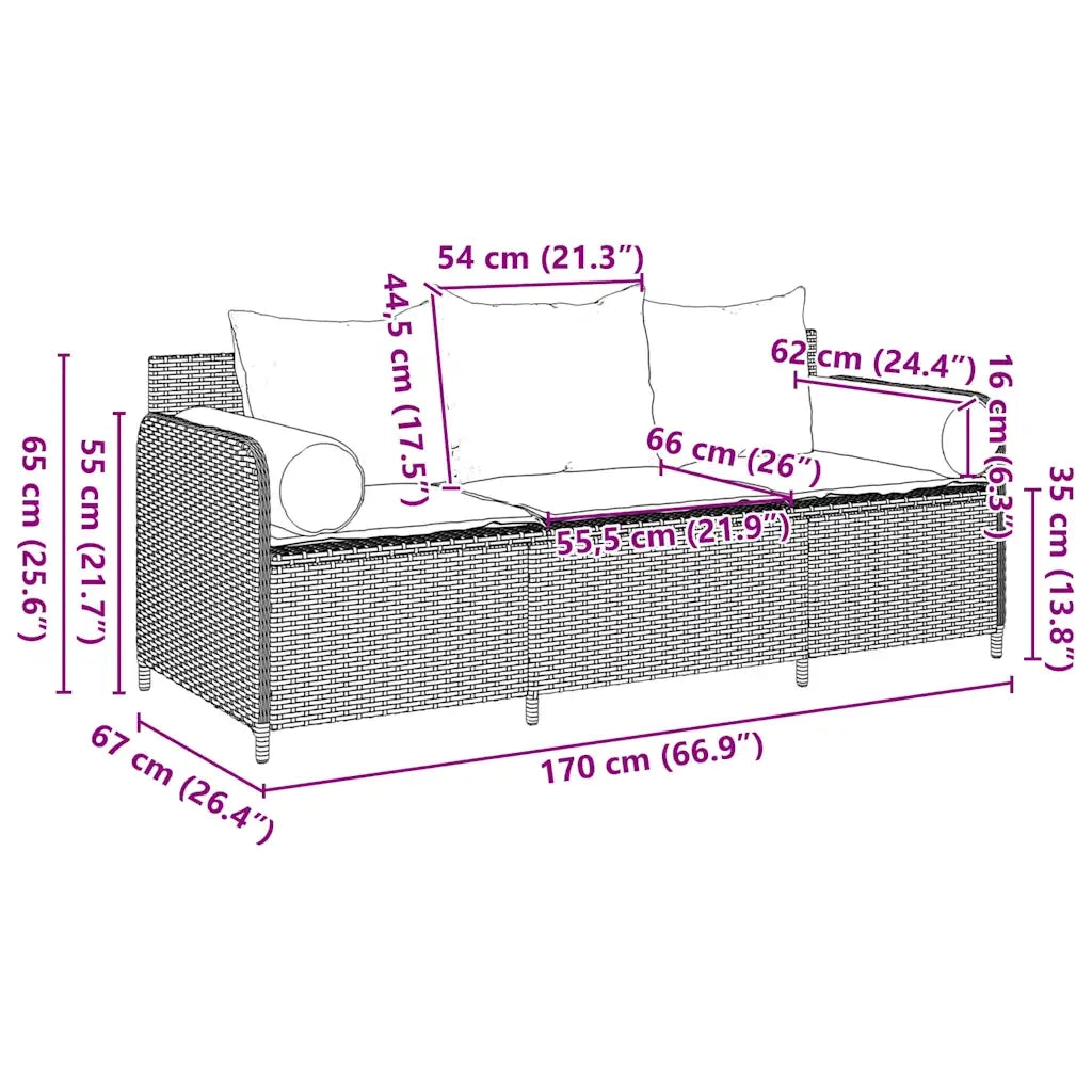 Divano da Giardino con Cuscini 3 Posti Grigio in Polyrattan 4104179