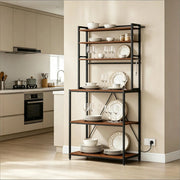 Scaffale cucina con prese, 6 ripiani aperti, 6 ganci, marrone rustico