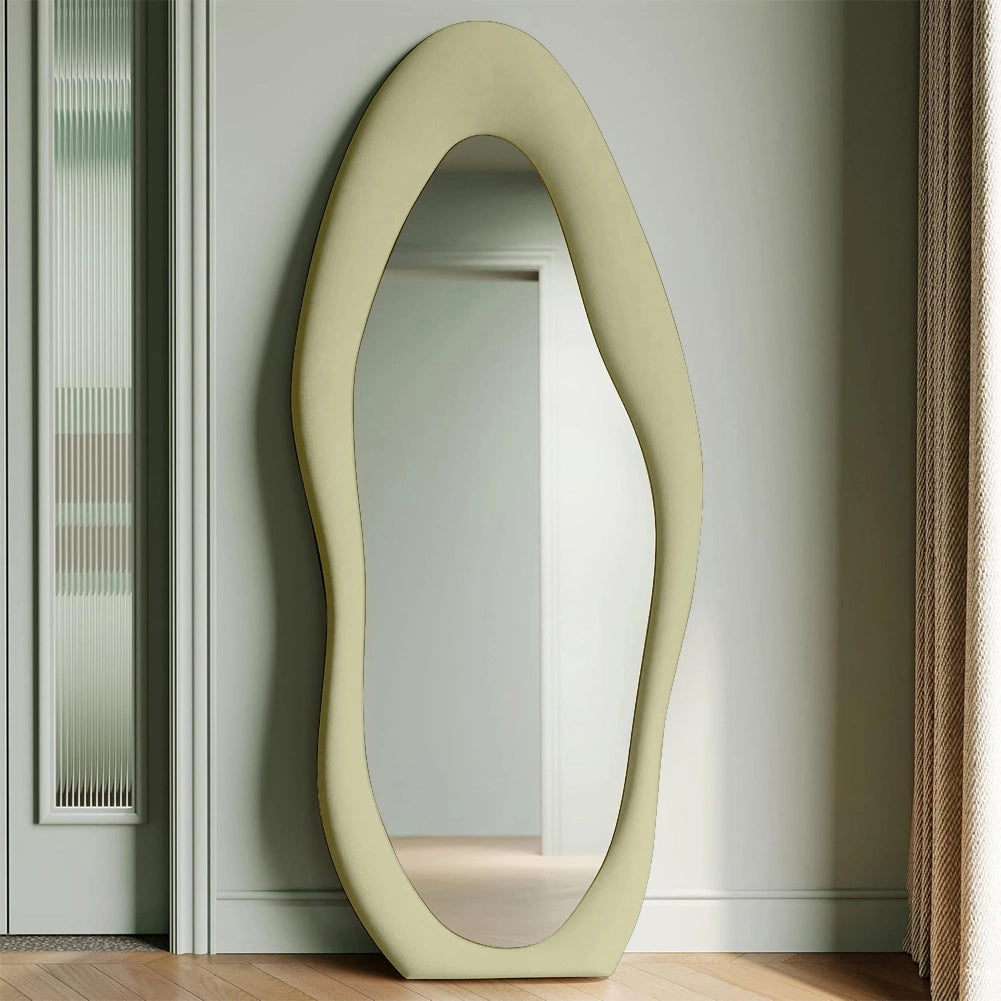 Specchio a Figura Intera 60x160 cm con Cornice Ondulata Rivestimento in Velluto Verde